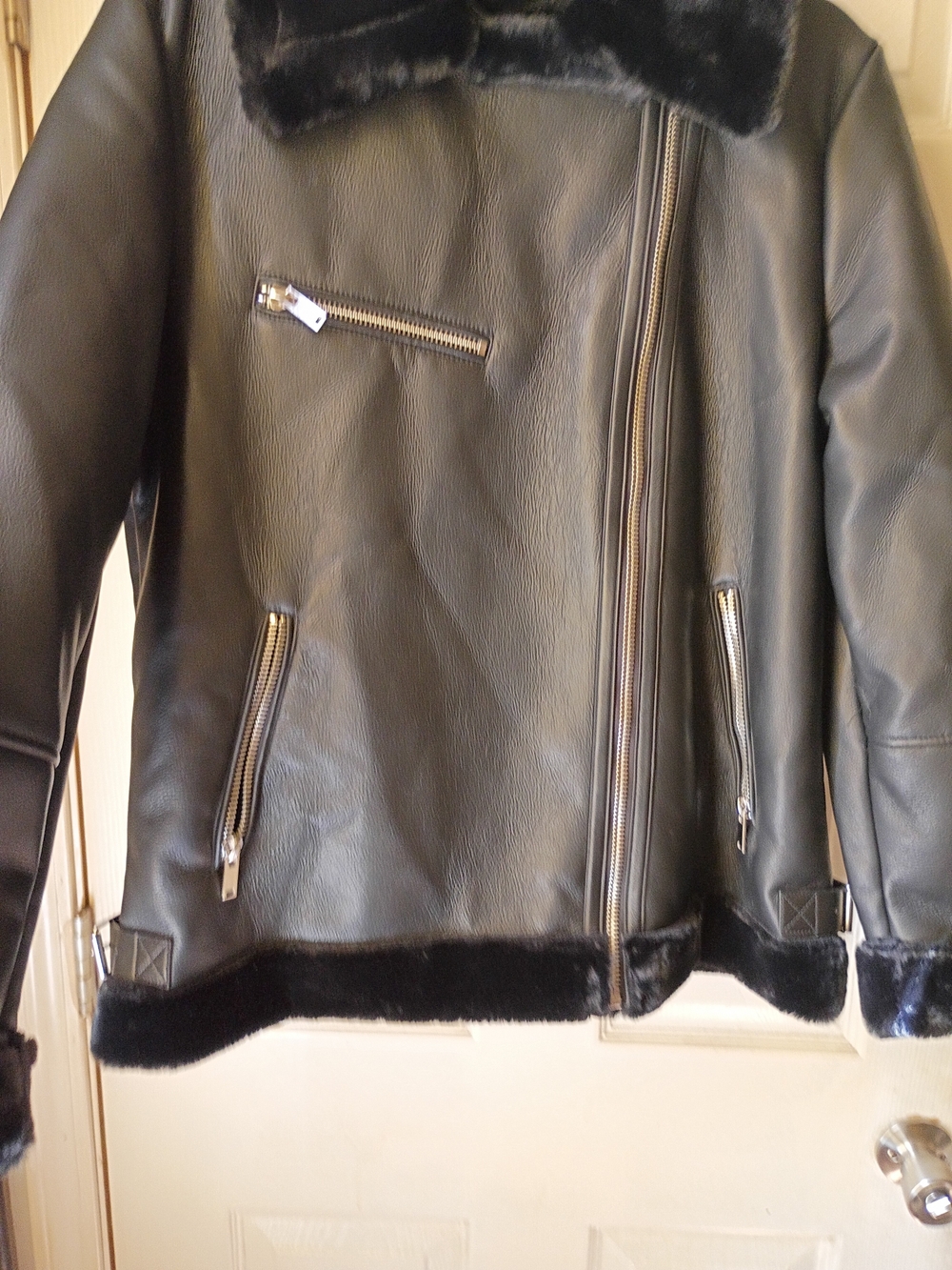 Fashion Nova Black Faux Leather Bomber Jacket with Shearling Trim, size L